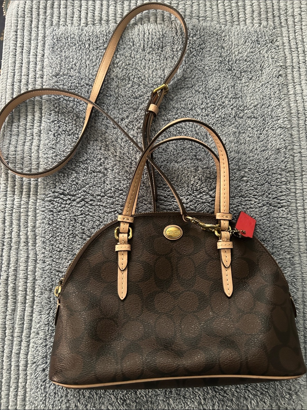 Coach Brown Signature Dome Crossbody with Tan Trim and Red Charm